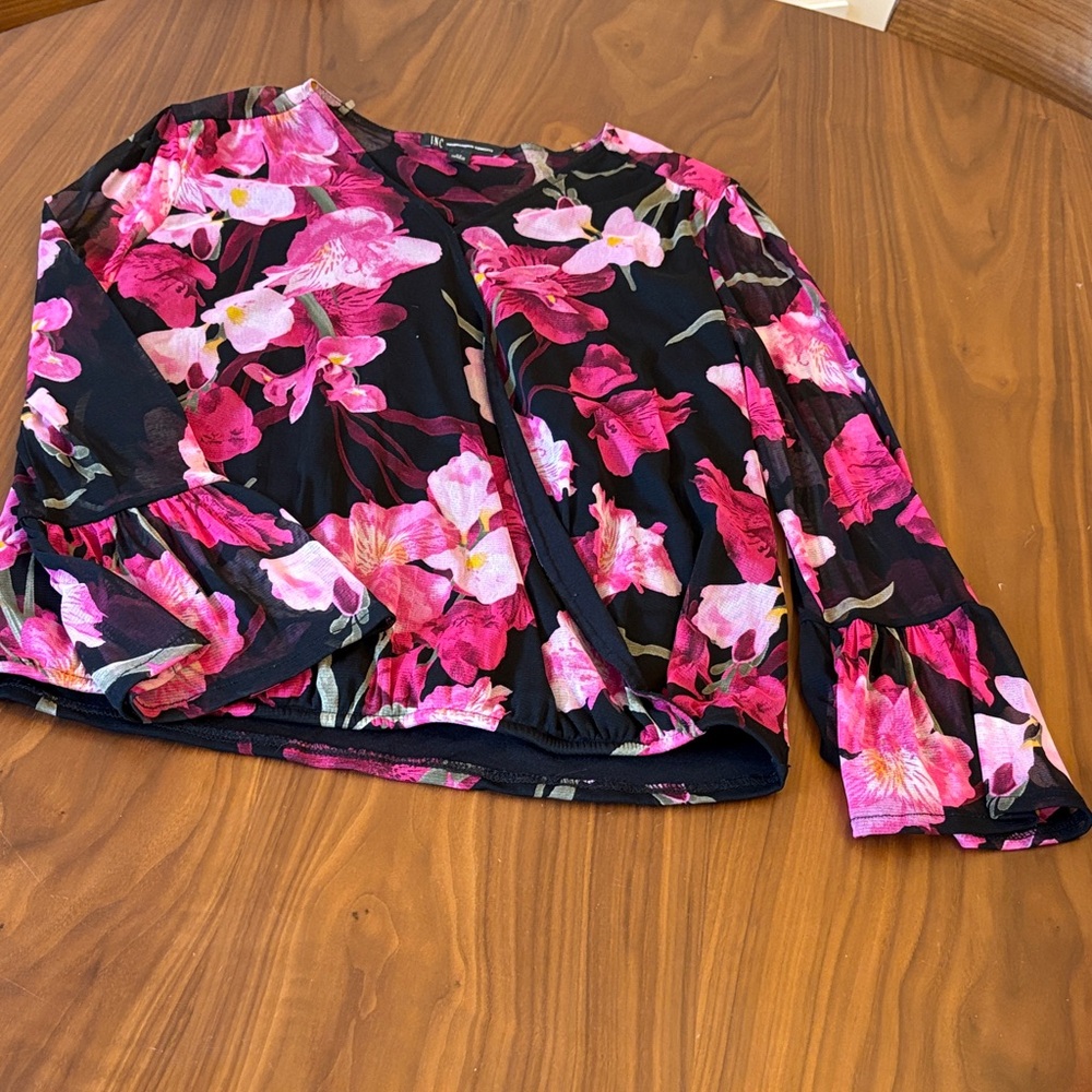 INC International Concepts Black Long-Sleeve Top with Pink Floral Print